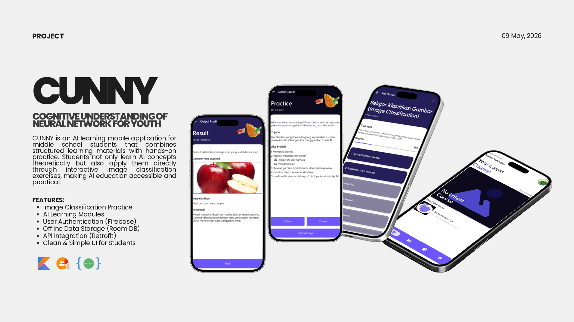 Abstract mobile interface with AI-themed glowing elements representing an educational learning application.